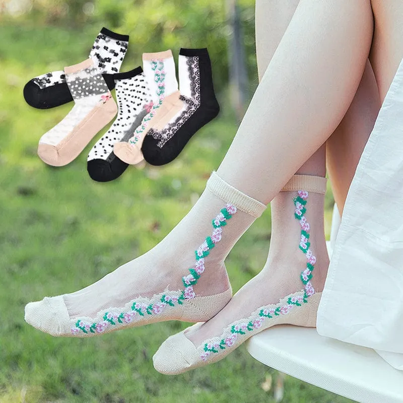 10 Pairs Spring and Summer Ladies Invisible Lace Socks Floral Ankle Socks