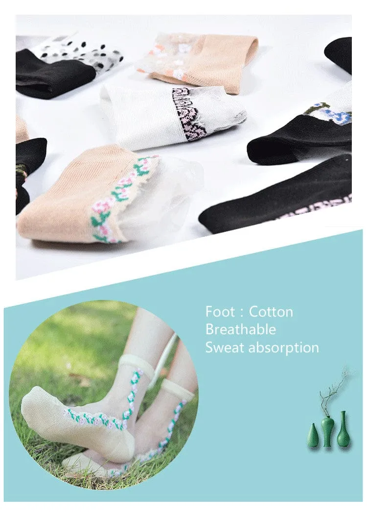 10 Pairs Spring and Summer Ladies Invisible Lace Socks Floral Ankle Socks