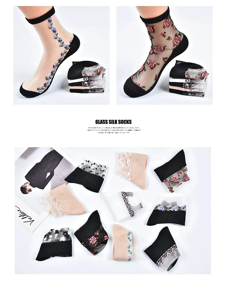 10 Pairs Spring and Summer Ladies Invisible Lace Socks Floral Ankle Socks