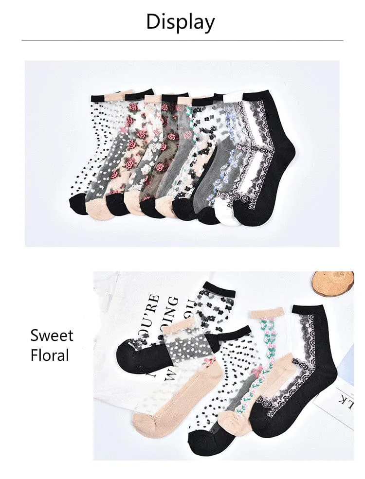 10 Pairs Spring and Summer Ladies Invisible Lace Socks Floral Ankle Socks