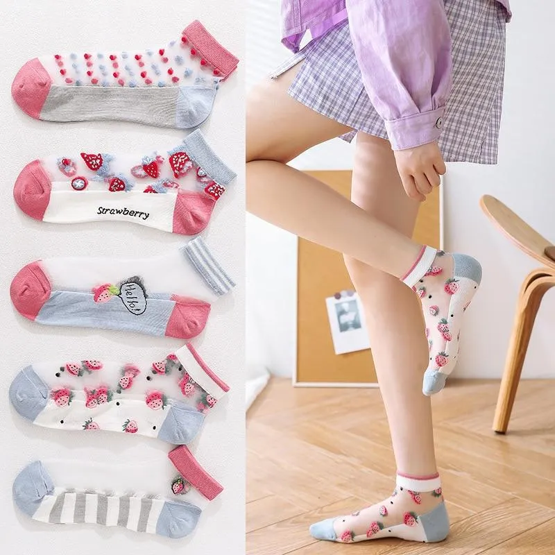 5 Pairs Women Cartoon Fruit Design Silk Socks