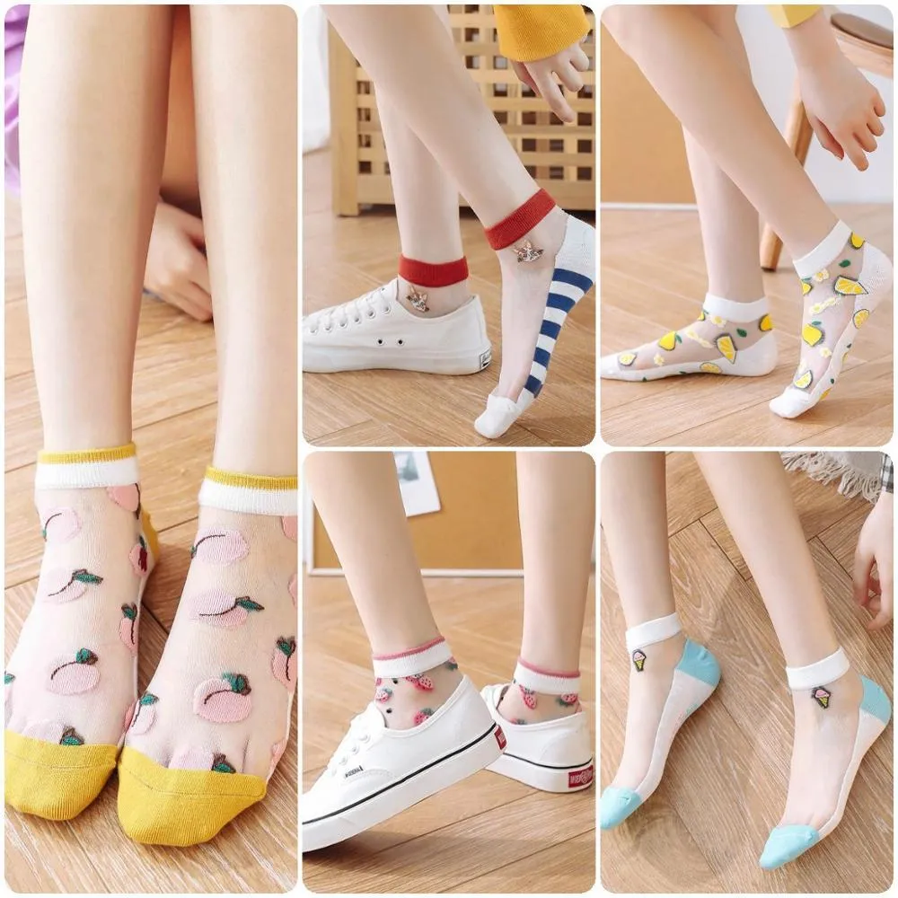 5 Pairs Women Cartoon Fruit Design Silk Socks