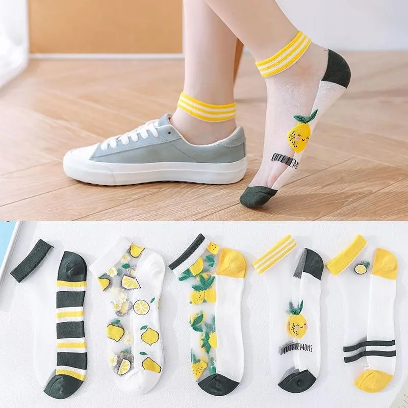 5 Pairs Women Cartoon Fruit Design Silk Socks