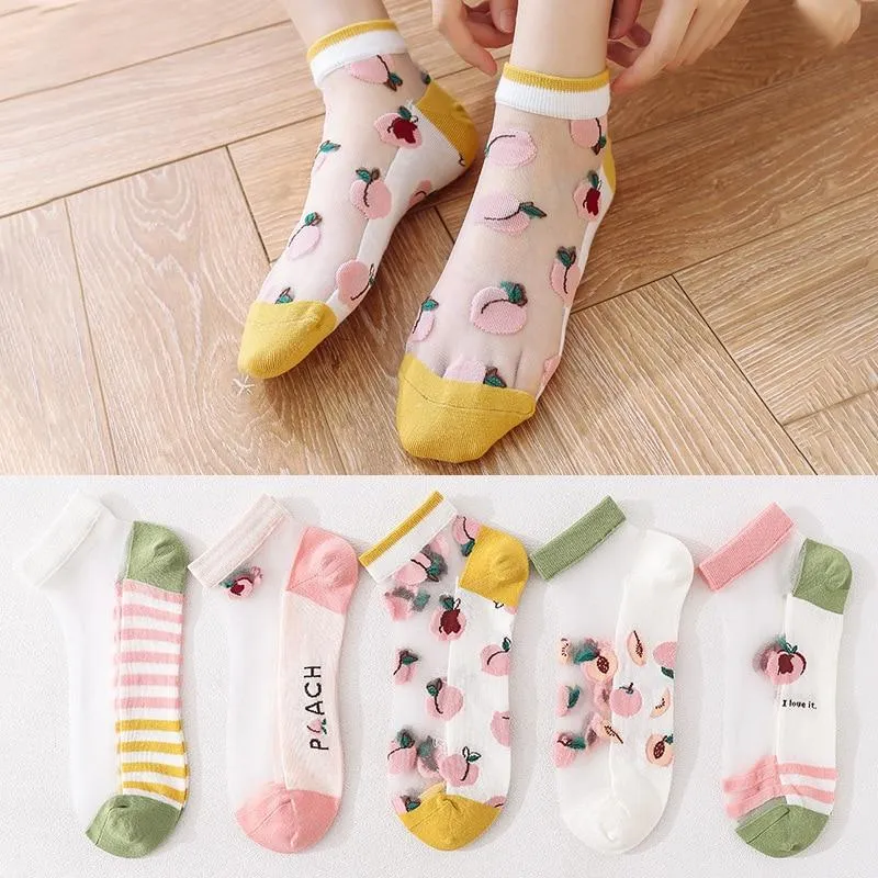 5 Pairs Women Cartoon Fruit Design Silk Socks