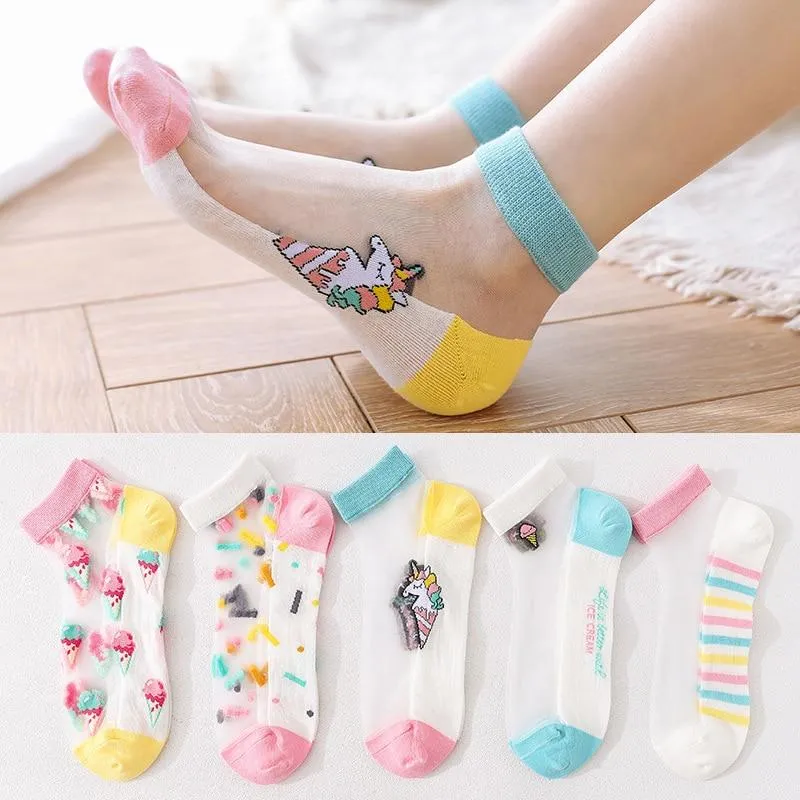 5 Pairs Women Cartoon Fruit Design Silk Socks