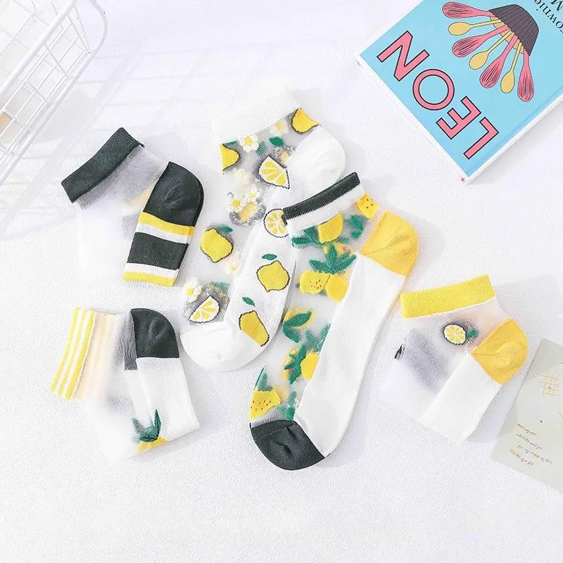 5 Pairs Women Cartoon Fruit Design Silk Socks