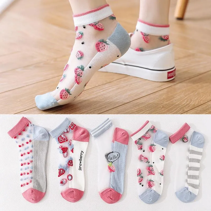 5 Pairs Women Cartoon Fruit Design Silk Socks