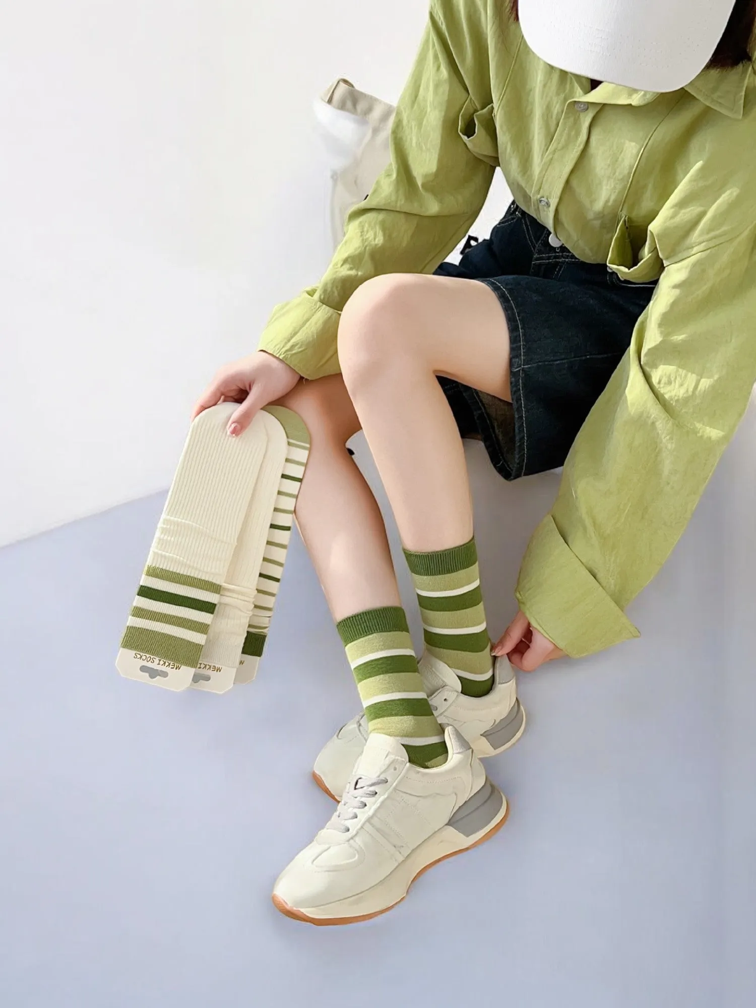 Anna-Kaci Women's Striped and Heart Embroidered Socks in Green Tones