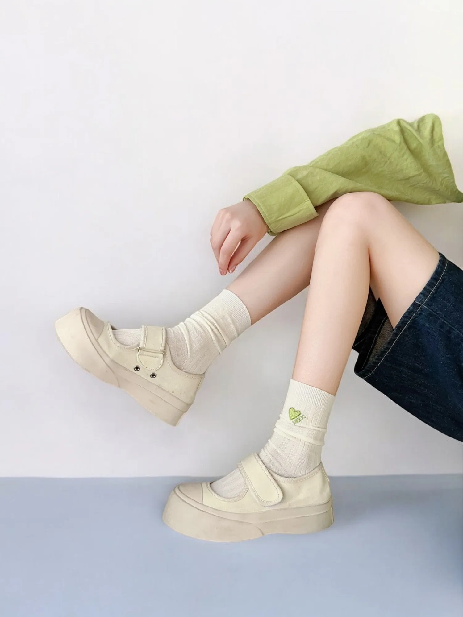Anna-Kaci Women's Striped and Heart Embroidered Socks in Green Tones