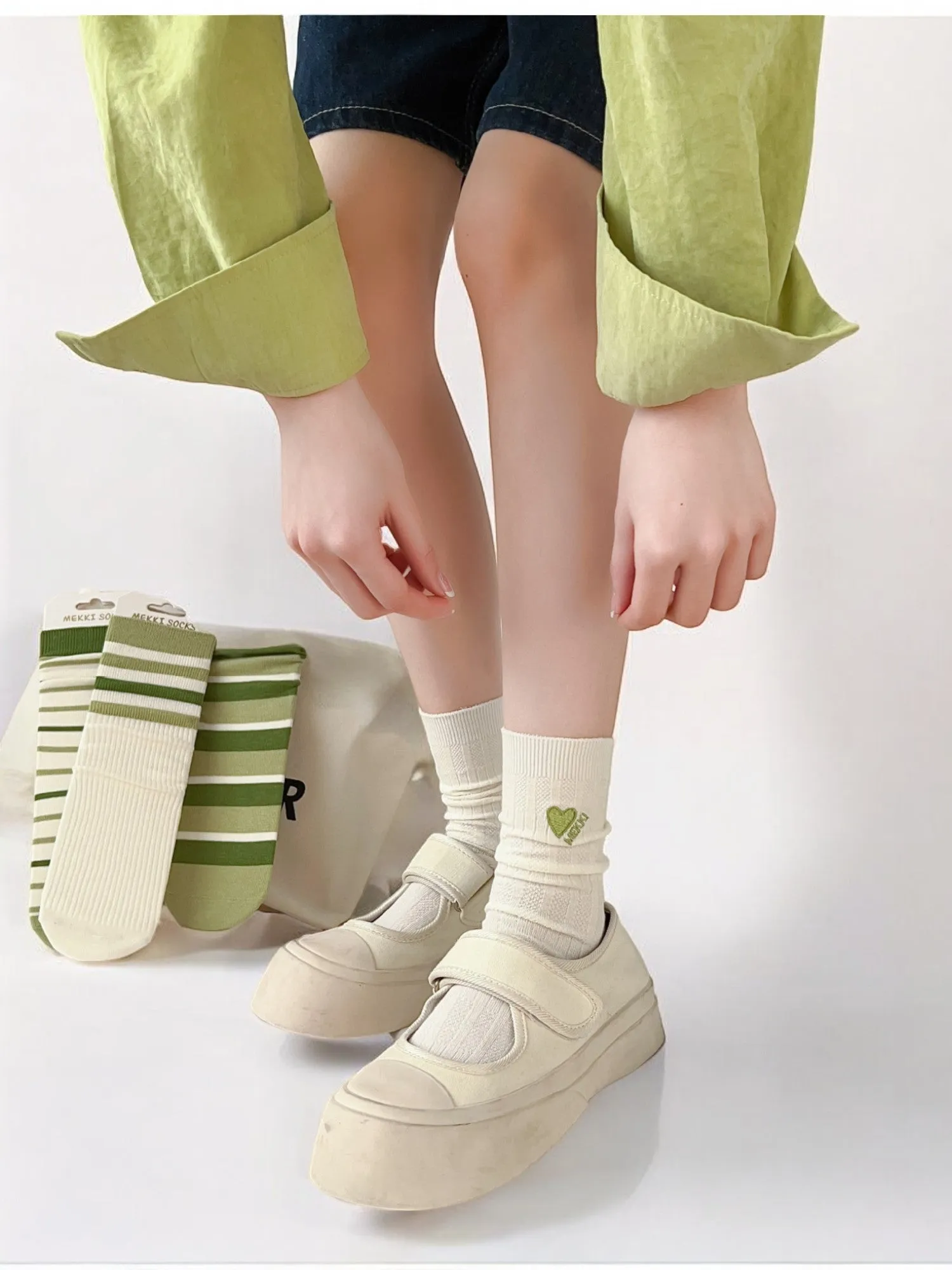 Anna-Kaci Women's Striped and Heart Embroidered Socks in Green Tones