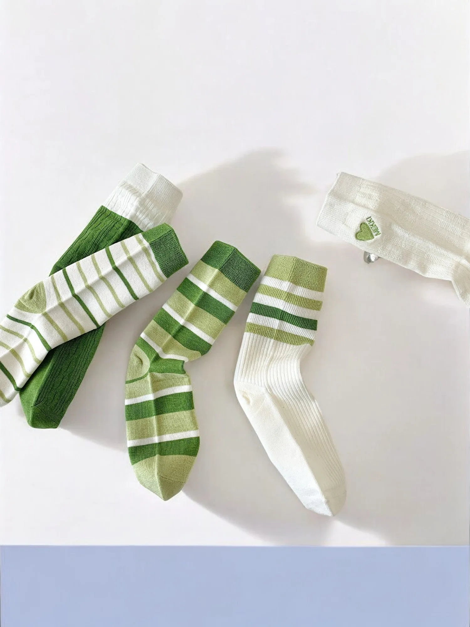 Anna-Kaci Women's Striped and Heart Embroidered Socks in Green Tones