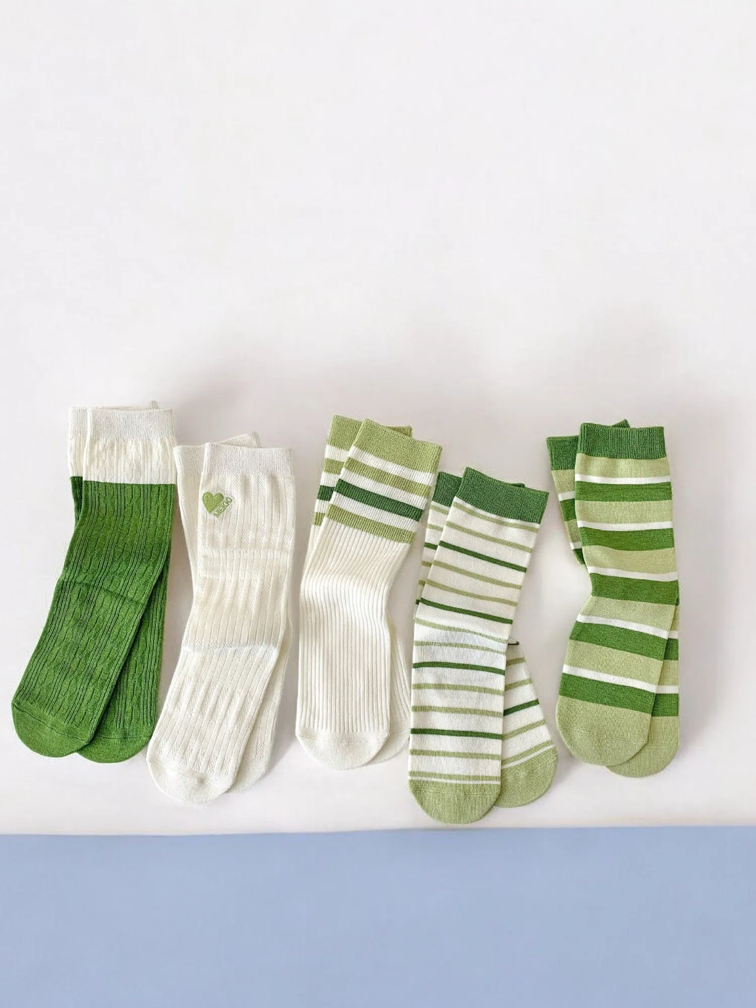 Anna-Kaci Women's Striped and Heart Embroidered Socks in Green Tones