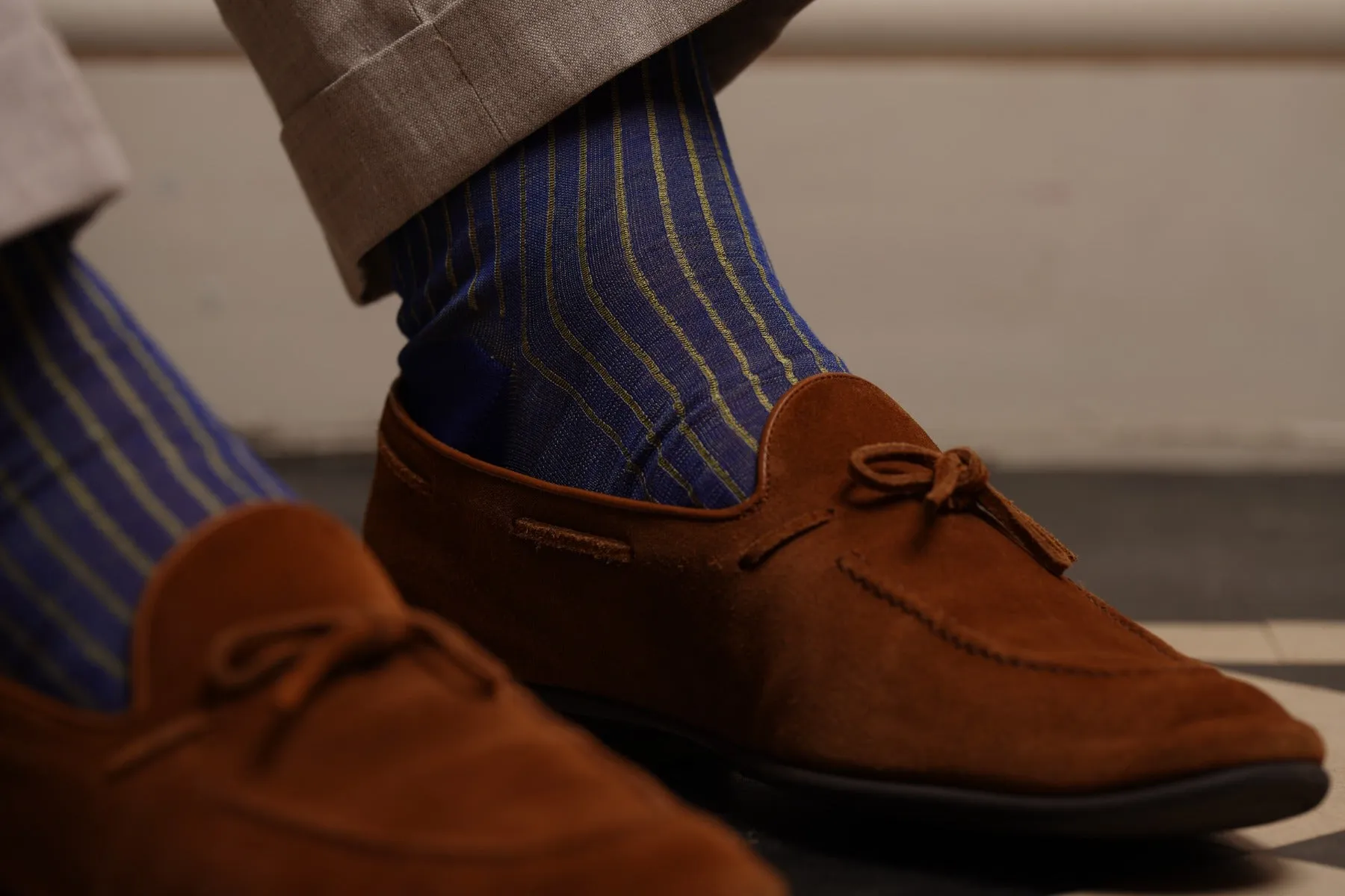 Bright Blue & Yellow Shadow Stripe Ribbed Cotton Socks