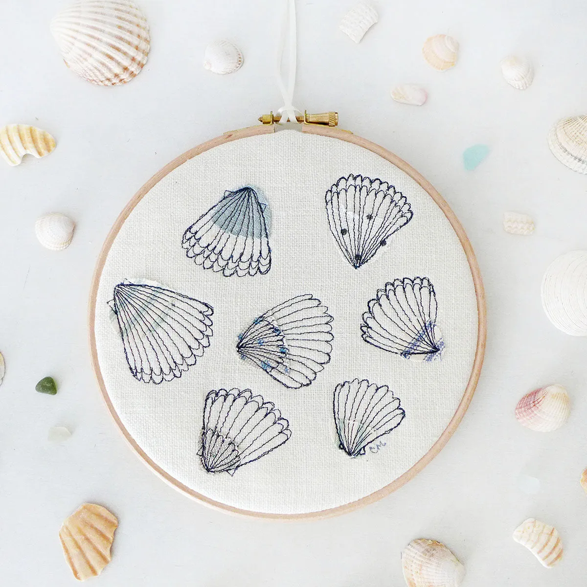 Cream Linen Cockles Embroidery Hoop Picture