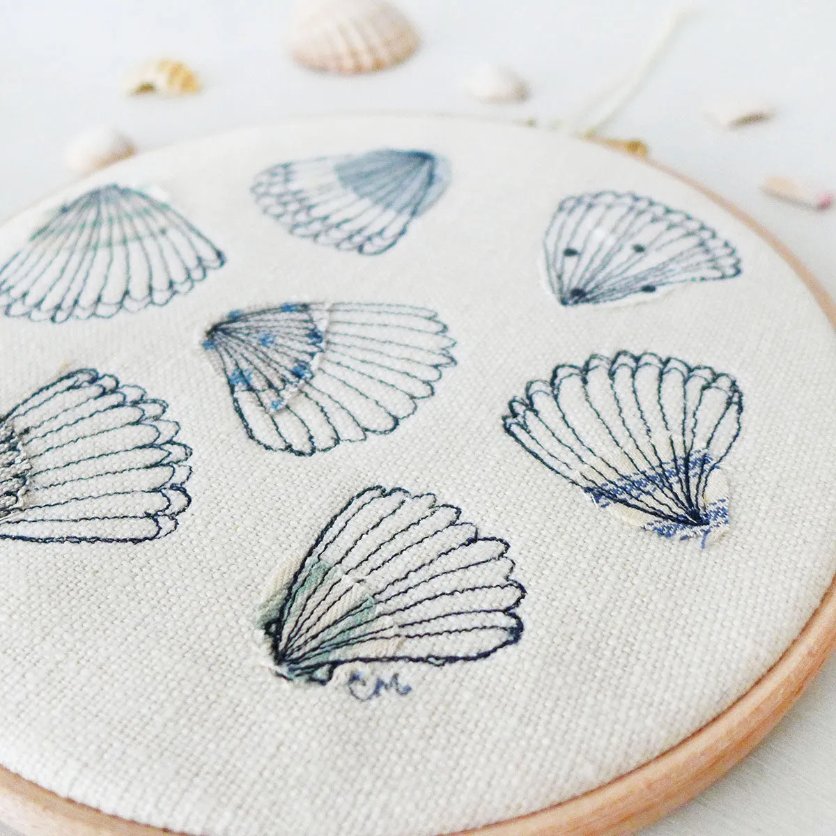 Cream Linen Cockles Embroidery Hoop Picture