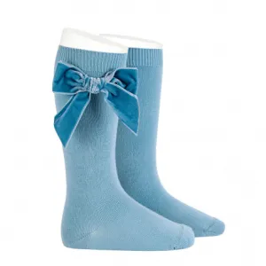 Knee Socks with Velvet Bow Light Blue