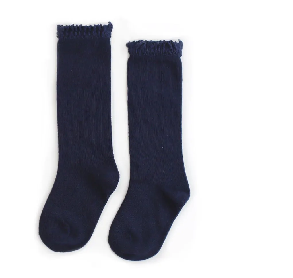Lace Top Knee High Socks - Navy