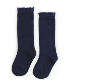 Lace Top Knee High Socks - Navy
