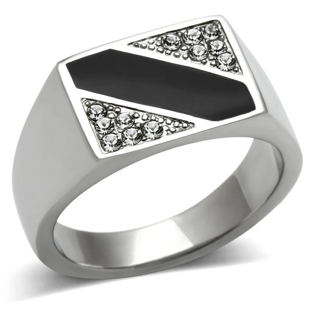 Mens Black Stripe Stainless Steel Synthetic Crystal Rings