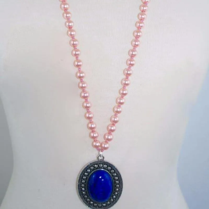 Moon Pendant Pink Glass Beaded Women's Necklace