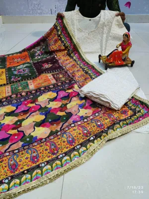Multicolor Paint Style Chikankari Elegance - Pakistani Dupatta & Kurti Palazzo Set