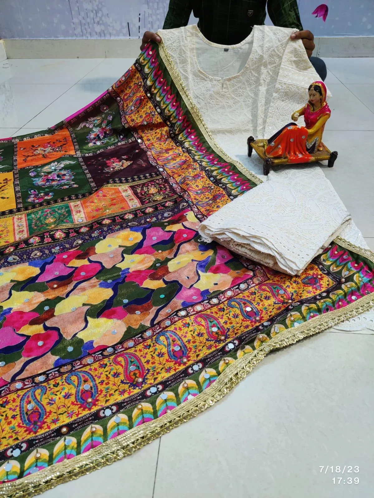 Multicolor Paint Style Chikankari Elegance - Pakistani Dupatta & Kurti Palazzo Set