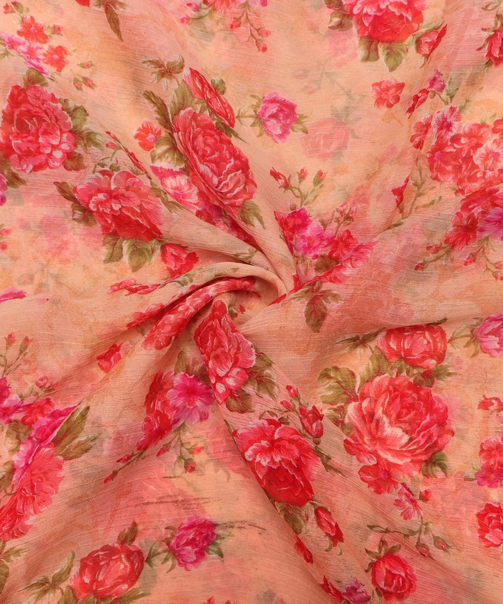 Peach Colour Floral Print Chiffon Fabric