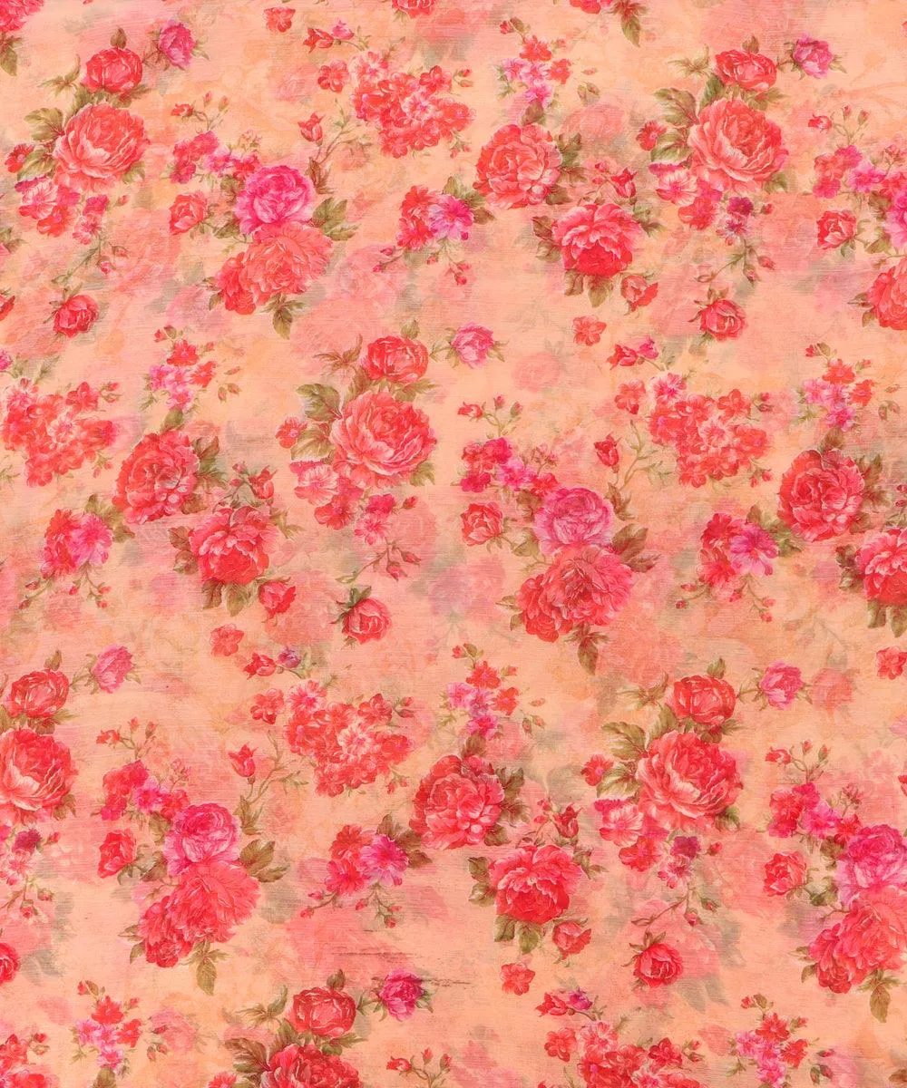 Peach Colour Floral Print Chiffon Fabric