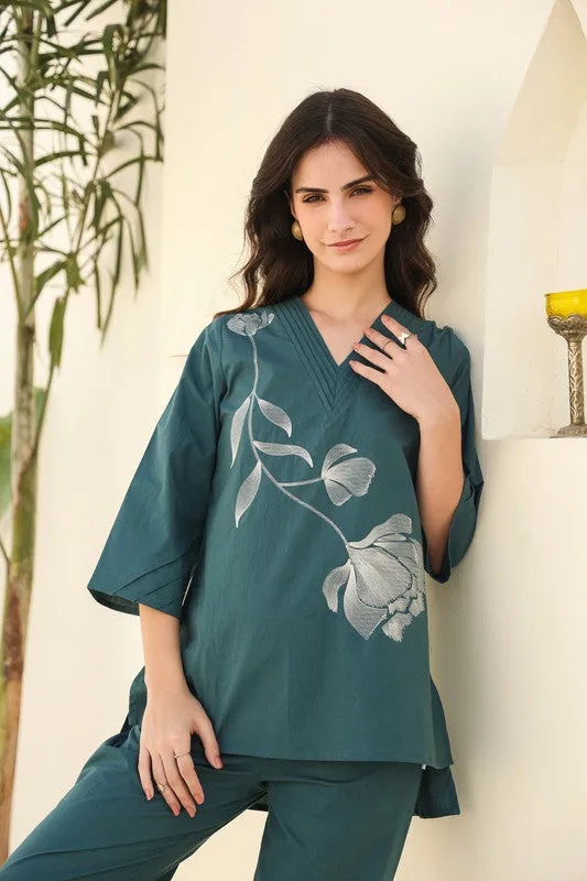 Petal Play Embroidered Teal Green Co-ord Set