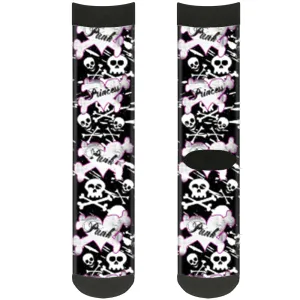 Sock Pair - Polyester - Punk Princess Heart & Cross Bones w Skulls & Splatter Black White - CREW