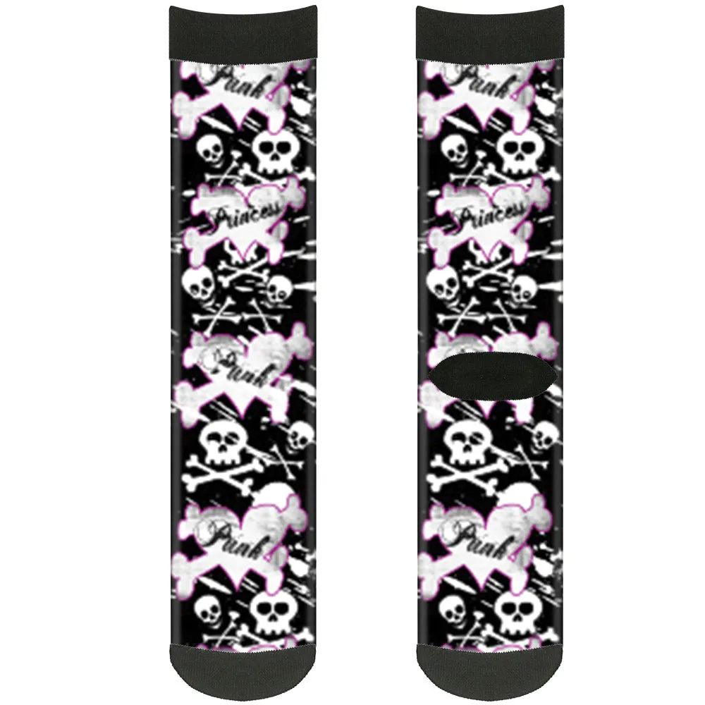 Sock Pair - Polyester - Punk Princess Heart & Cross Bones w Skulls & Splatter Black White - CREW