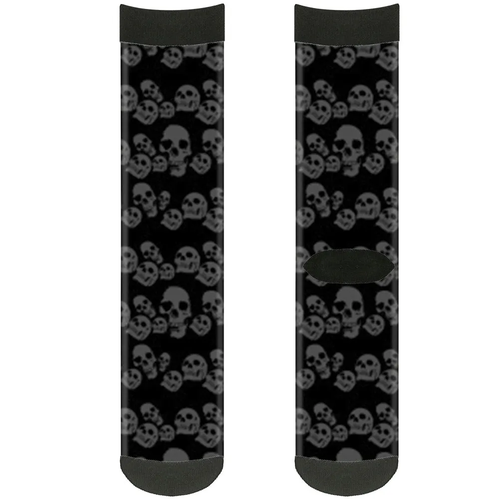 Sock Pair - Polyester - Skulls Stacked Weathered Black Gray - CREW