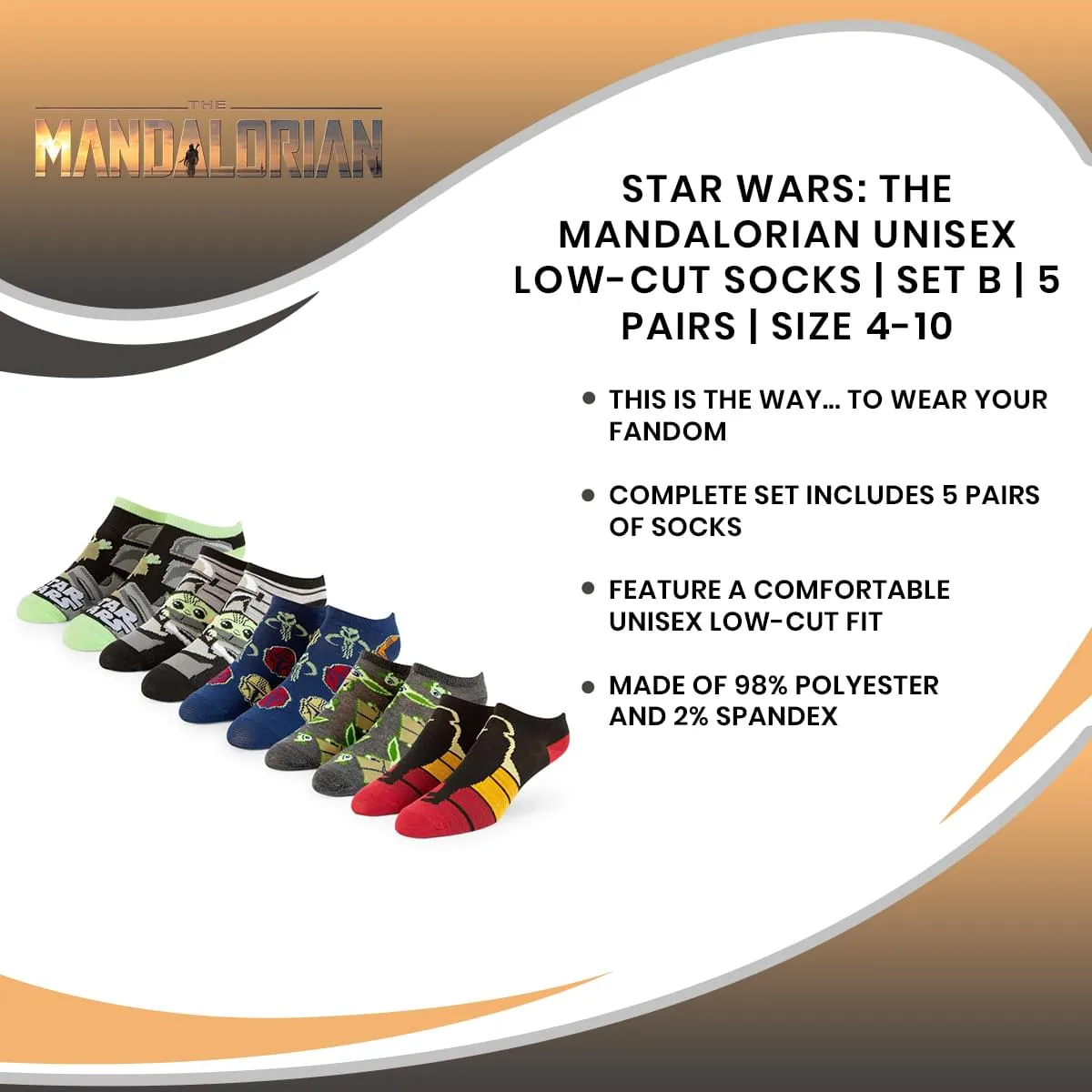 Star Wars: The Mandalorian Unisex Low-Cut Socks | Set B | 5 Pairs | Size 4-10