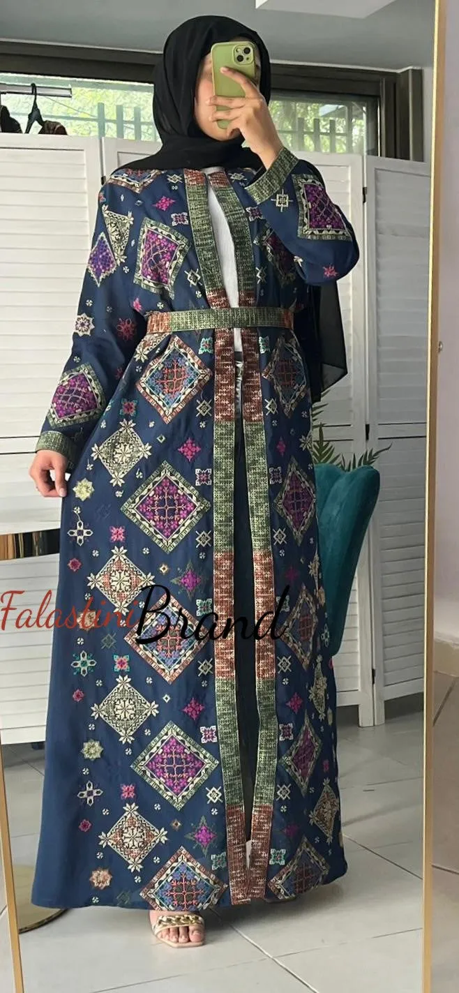 Stylish Navy and Colorful Georgette Diamond Embroidered Open Abaya Kaftan