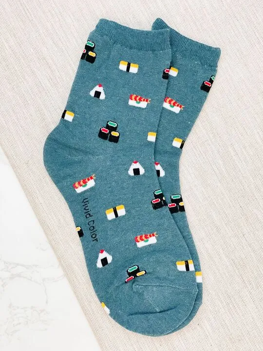 Sushi Printed Crew Socks - Blue