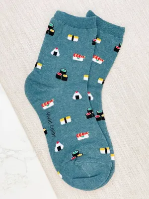 Sushi Printed Crew Socks - Blue