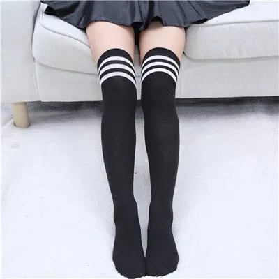 VenusFox Stripe Stockings Girls Korean Japanese Kawaii Lolita Socks Muply Casual Thigh High Knee Socks Womens Long Socks