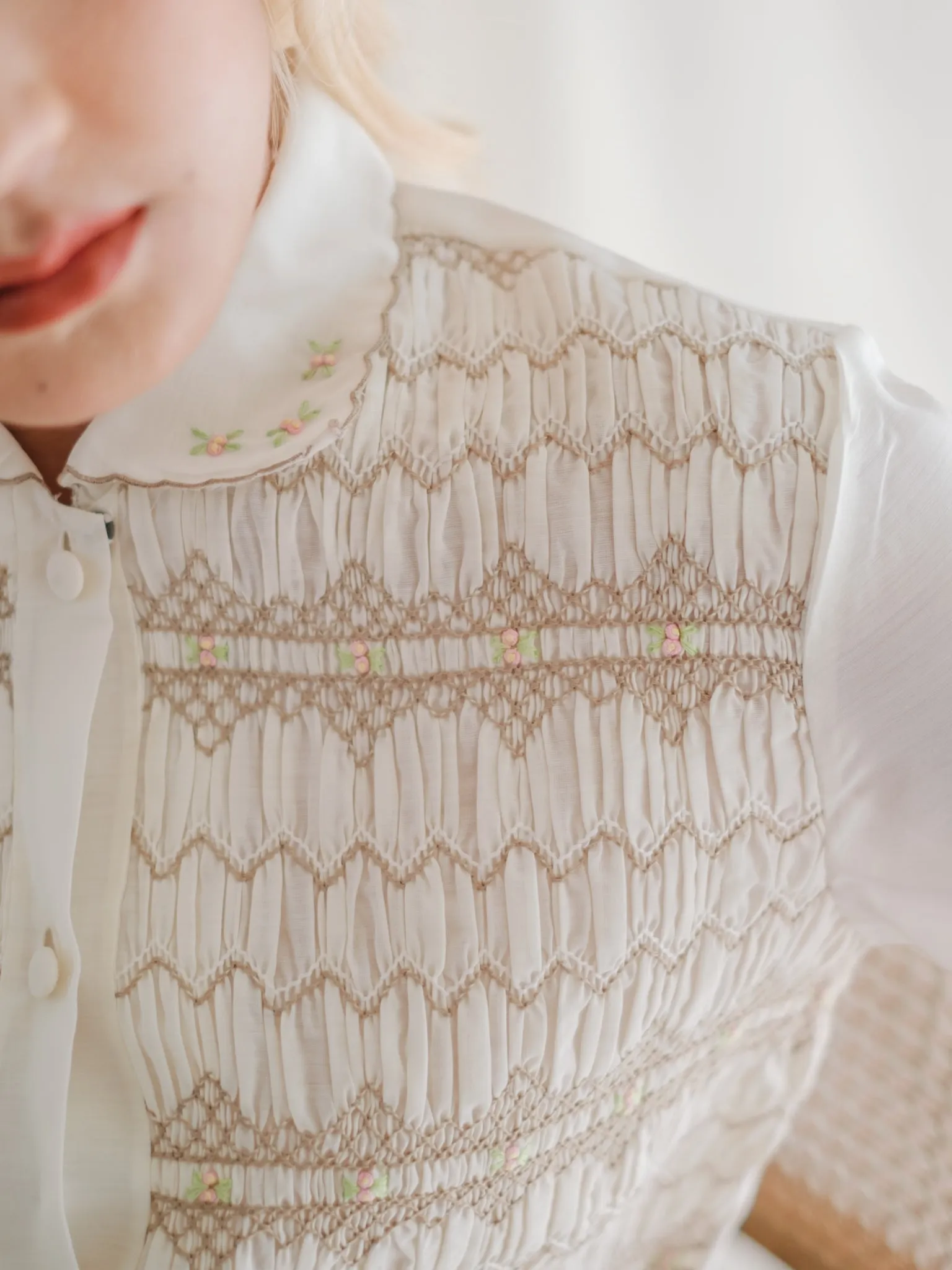 Vintage Cream Cotton Floral Embroidered Blouse