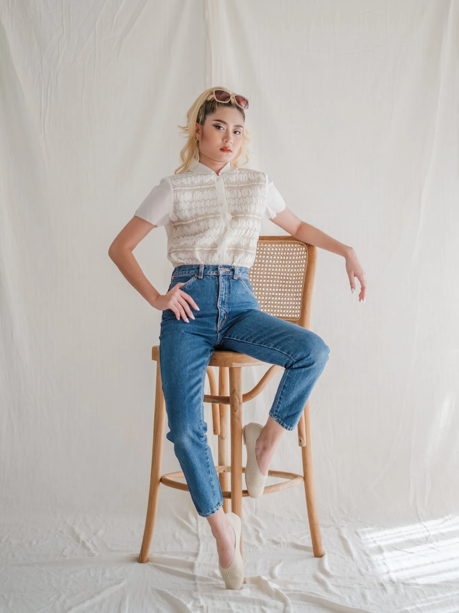 Vintage Cream Cotton Floral Embroidered Blouse
