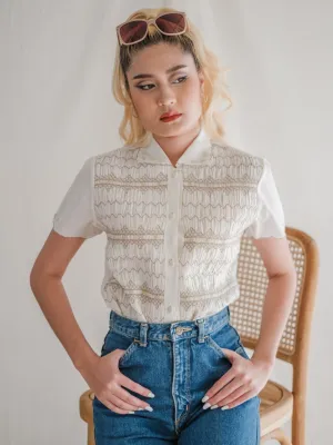 Vintage Cream Cotton Floral Embroidered Blouse