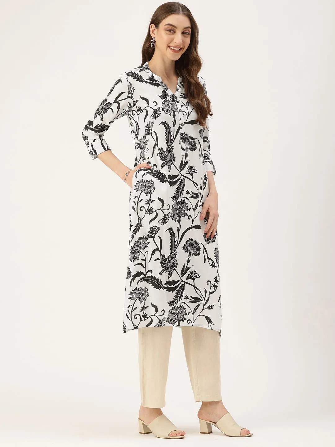 White & Black Floral Printed Kurta