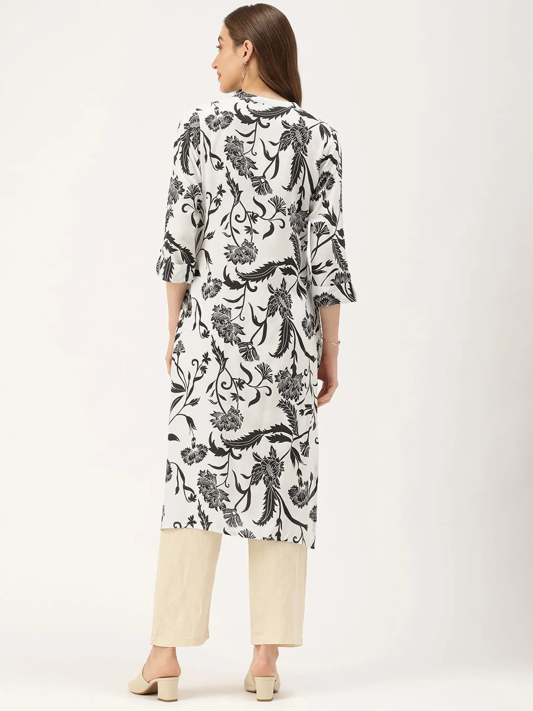 White & Black Floral Printed Kurta