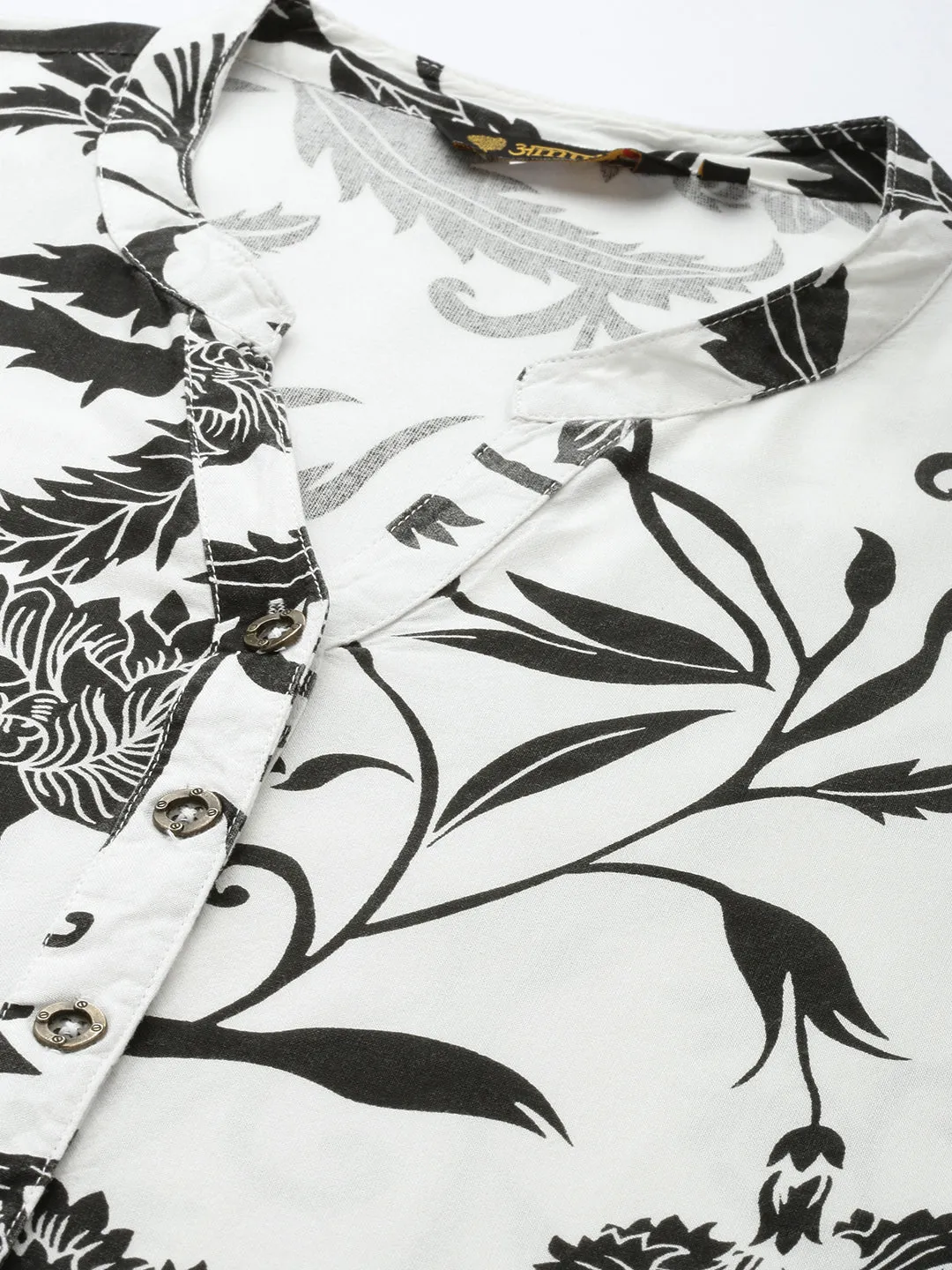 White & Black Floral Printed Kurta
