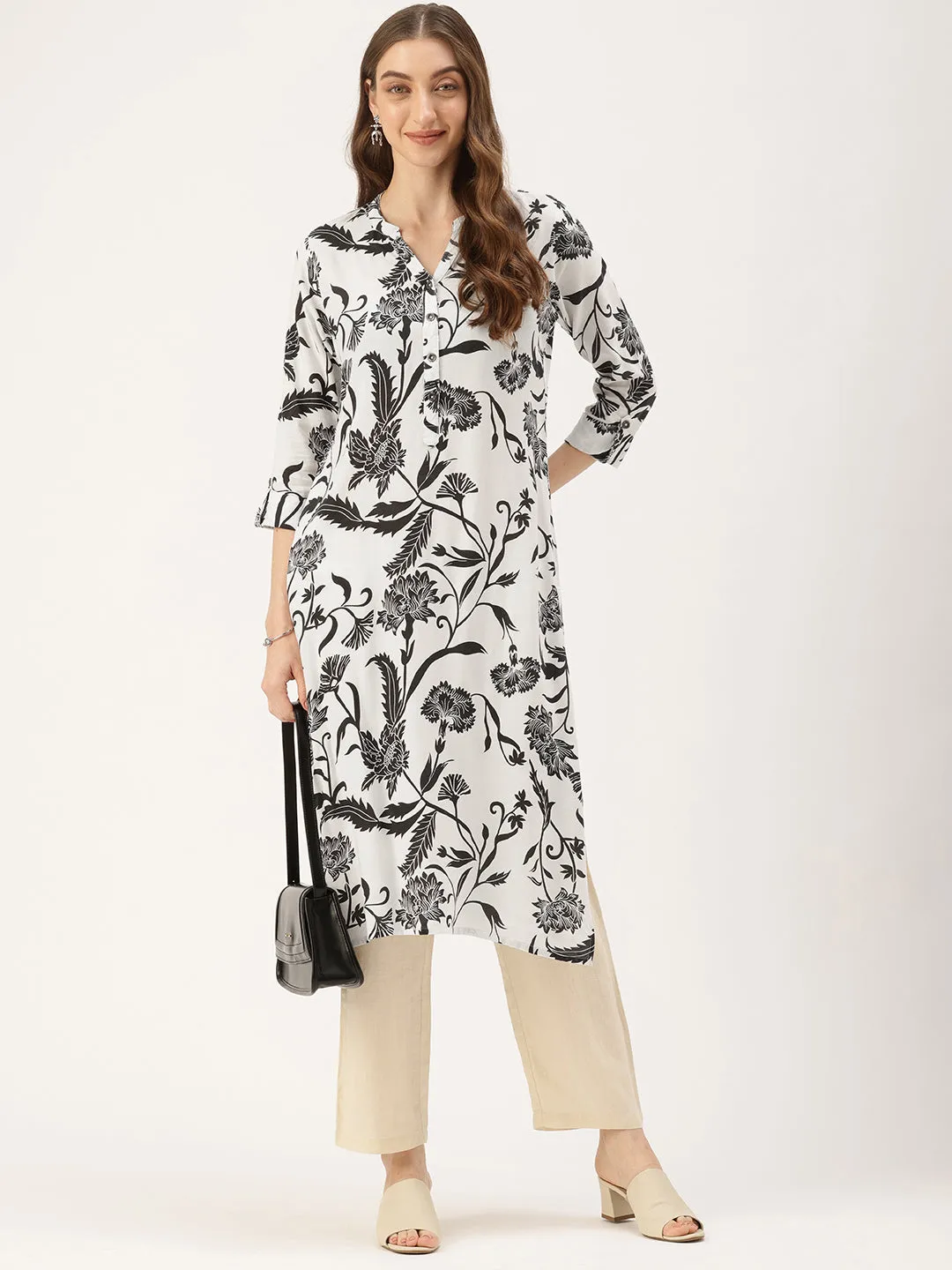 White & Black Floral Printed Kurta