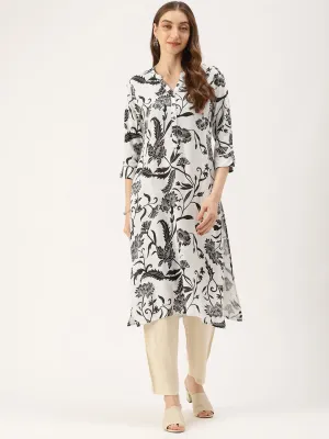 White & Black Floral Printed Kurta