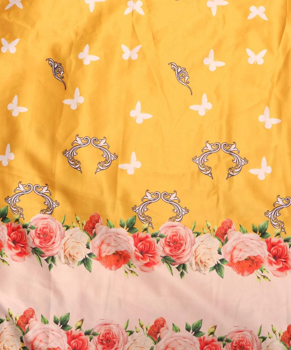 Yellow Colour Floral Design Satin Moss Fabric