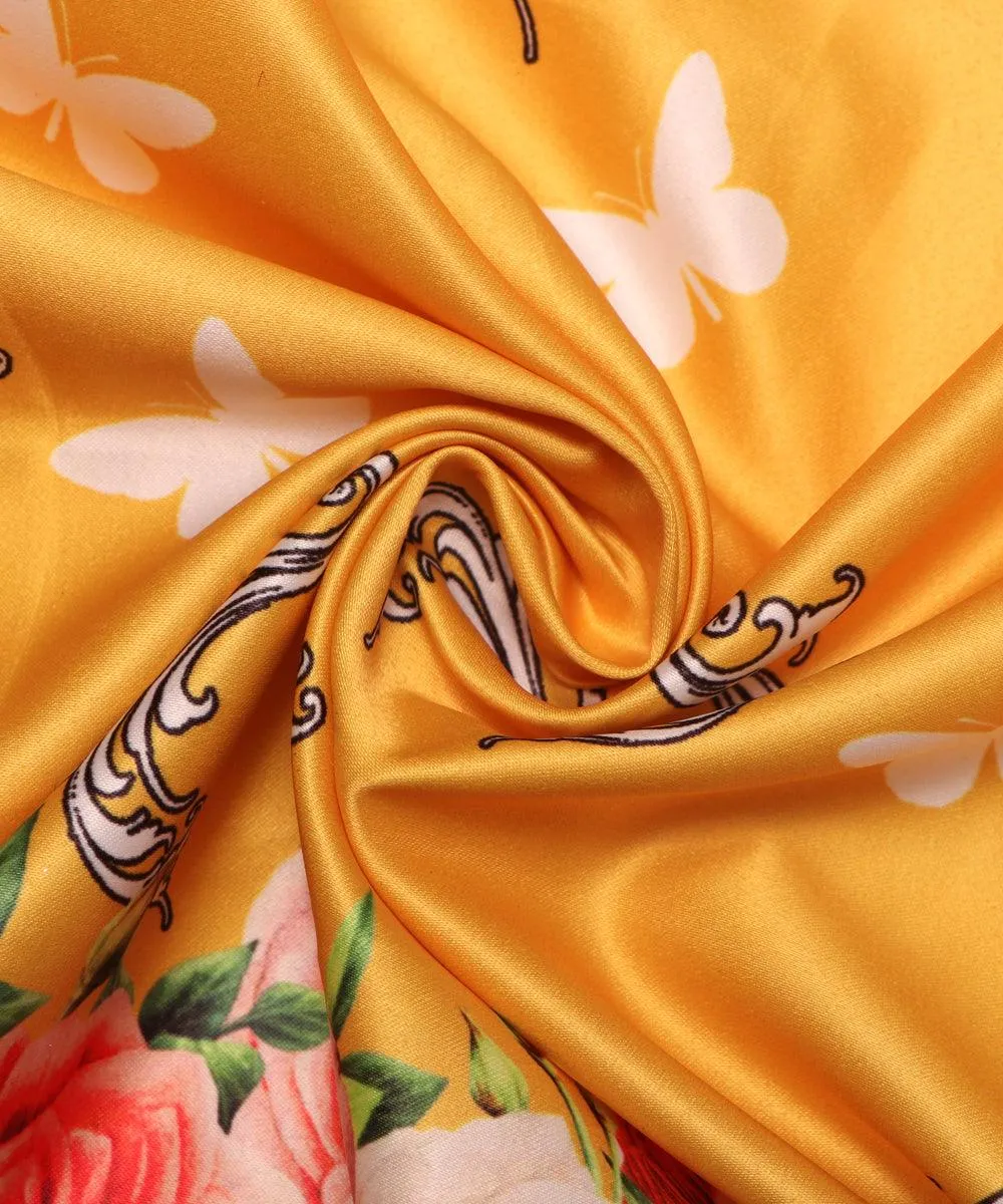 Yellow Colour Floral Design Satin Moss Fabric